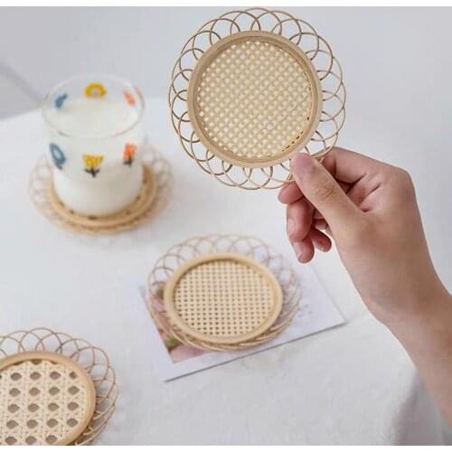 1 Pc Bamboo Boho Rattan Coasters Handmade Woven Wicker Retro Rustic Coffee Drinks Coaster Placemats For Home Table Decoration