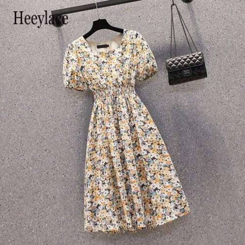 Plus size women Summer dresses 2021 high waist vintage floral print chiffon dress puff sleeve korean a-line midi vestidos mujer