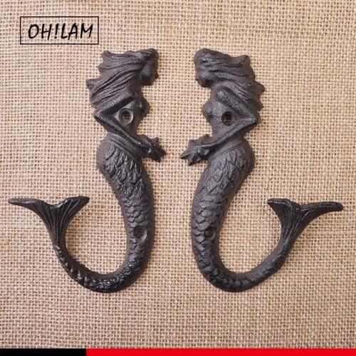 Rustic Cast Iron Mermaid Hook Wall Hanger Decor Beach Nautical Towel Holder A Pair