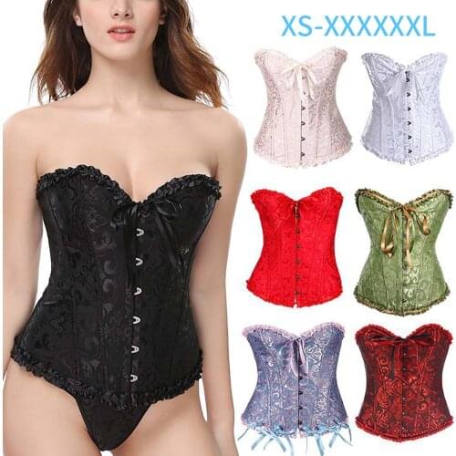 Womens Victorian Brocade Jacquard Corset Ruffle Trim Lace Up Bustier Deluxe Steel Boned Overbust Waist Trainer Shapewear Plus