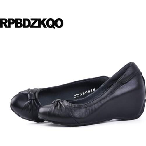 Fashion Office Wedge Shoes Ladies Round Toe Size 33 4 34 2018 Brand European Designer Bow Black Genuine Leather Medium Heels