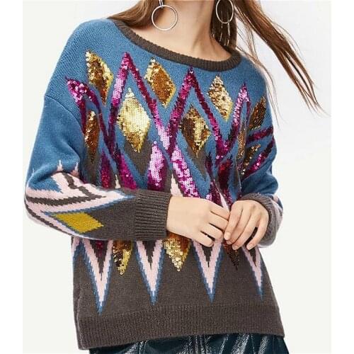 2019 Luxury Brand Autumn Winter Sweaters Pullovers Knitted Women Runway Argyle Striped Color Bead Jumper Ladies Clothes