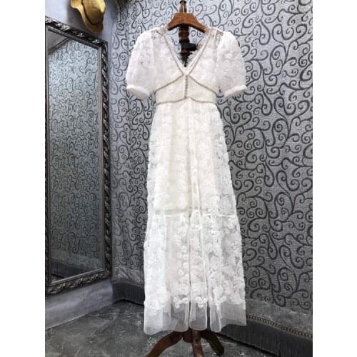 Top Quality New Long White Dress 2021 Autumn Wedding Party Women V-Neck Crystal Beading Deco Short Sleeve Lace Maxi Dress Festa