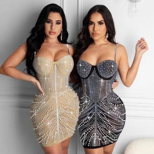 Rhinestone Spaghetti Strap Party Dress Women Summer Night Club Mini Dresses for Women Outfits Shiny Bodycon Short Sexy Dress