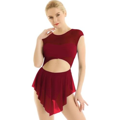 Women Sleeveless Cutout Mesh Splice Dancewear Figure Skating Dress Ballet Gymnastics Leotards Stage Performance Dance Costume
