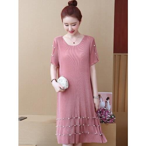 2019 New Ms Dress Summer Solid Color Large Size Loose Fashion Bead Short-sleeved Temperament Women Dresses Slim Comfortable