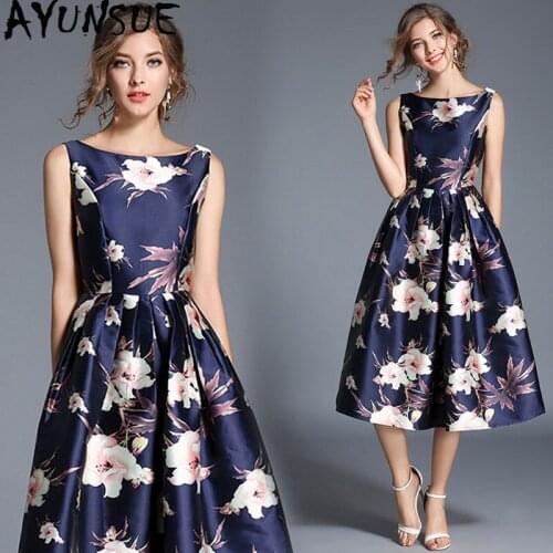 AYUNSUE 2020 Spring Summer Floral Dress Elegant Women Vintage A Line Dress Party Print Sleeveless Vestidos De Festa KJ4254