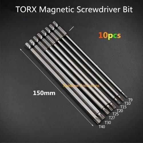 10pcs 150mm Length S2 Screwdriver Bit TORX Bit Tools Magnetic Screwdriver Bit Air Tools T6 T7 T8 T9 T10 T15 T20 T25 T27 T30 T40