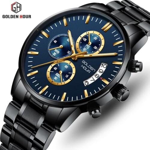 GOLDENHOUR Watch Top Brand Fashion Stainless Steel Sport Men Watches Mens Luxury Business Quartz Wristwatch Relogio Masculino