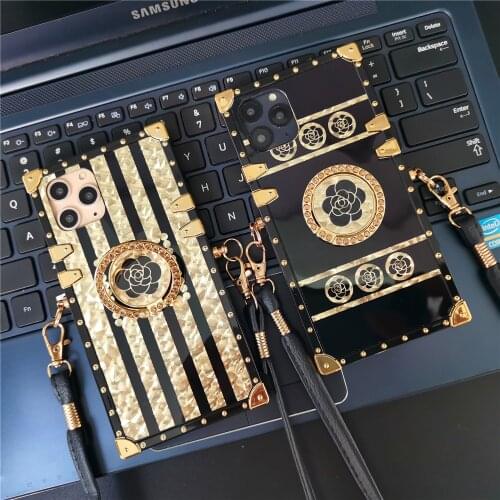 Luxury Glitter Black flower Square Cover Cord Rope Lanyard Case for huawei P40 P20 P30 Pro Enjoy 20 PRO Y6P Y7A Mate 30 Honor 30