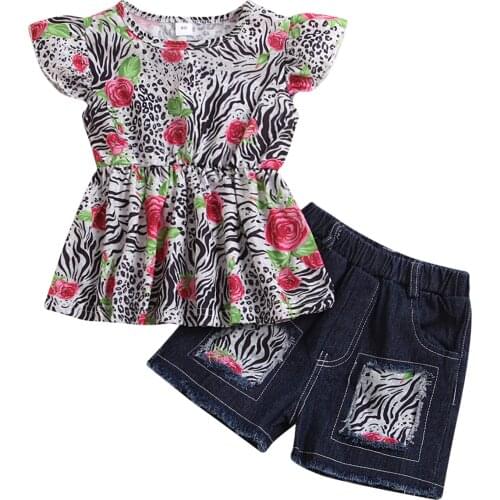 Citgeett Summer Kids Baby Girls Vest and Shorts Suit Fashion Leopard Rose Fly Sleeve Tops Patchwork Denim Short Clothes Set