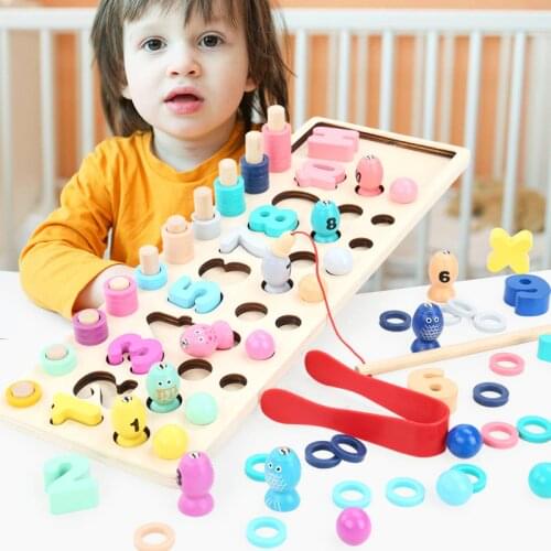 Wooden digital numerator shape paired with building blocks kindergarten childrens toy fishing clip four-in-one pair board