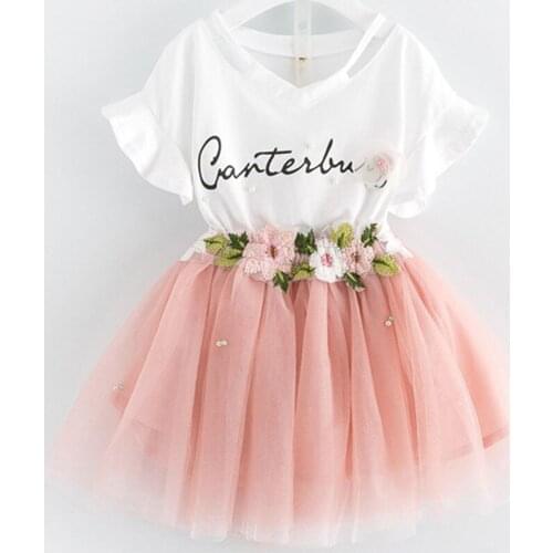 Kids Baby Girls Dresses 2019 New Summer Fashion Style Cartoon Kitten Printed T-Shirts+Net Veil Dress 2Pcs Girl Clothes Clothing