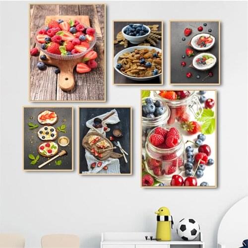 Breakfast with Natural Yogurt, Muesli Berry Art Nuts Food Canvas Painting Posters Prints Wall Picture For Living Room Shop Decor