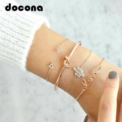 Docona Gold Color Cactus Letter Knot Bangle Bracelet Set for Women Bohemian Geometric Metal Adjustable Chain Bracelet Set 6116