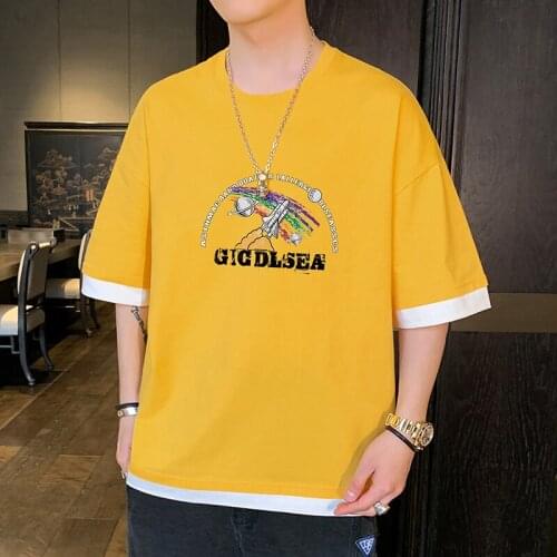 O-Neck Youthful Vitality Style Summer New Short-Sleeved Mens Fashion Loose T-Shirt Fake Two Pieces Cotton Mens Half-Sleeved