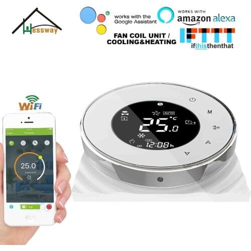 HESSWAY 95-240VAC Fan Coil Room Thermostat WIFI TUYA APP Centralized Management with 2Pipe Heat,Cool Mode
