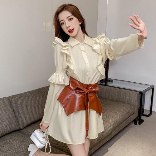 JSXDHK High Street Fashion Blouse 2 Piece Set Designer Autumn Women Ruffles Shirt Dress Suits And PU Lace Up Mini Skirts Suit
