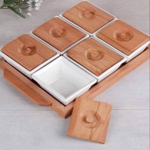 Ceramic Snack Serving Tray 6-Compartment Tray Serving Platter with Bamboo Lid and Pallets,Moisture-proof Bowls for Food,Snacks
