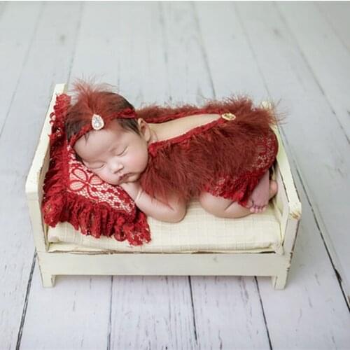 Lovely Burgundy Baby Girl Romper Set Handmade Feather Baby Pant and Pillow Set Newborn Headband Photography Props Fluffy Outfit