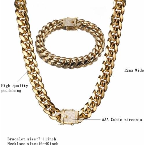 12mm Miami Curb Cuban Link Necklace For Mens Womens With White Rhinestone Ice Out Necklace Hip Hop Jewelry 7''-40'' Inches