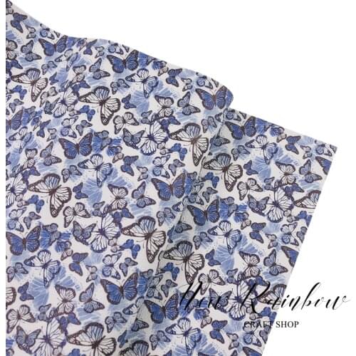 New Rainbow 30X138CM/ROLL Blue Butterflies Pattern Litchi Faux Leatherette Sheet For Making Bows, Earrings, Accessories