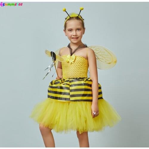 Girls Honey Bumble Bee Fancy Tutu Dress Costume Outfit Kids Fairy Halloween Dress Up Party Insect Animal Clothes Girl Dress