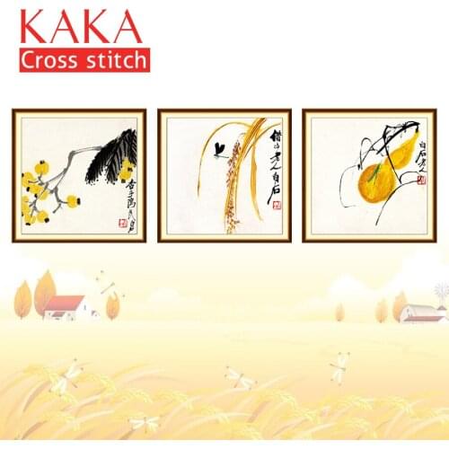 KAKA Cross stitch kits,5D Triplets Qi Baishi Plants,Embroidery needlework sets with printed pattern,11CT canvas,Home Decor Paint