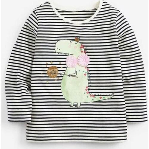 Little Maven New Autumn Spring Kids Striped Lady Dsinosaur O-neck Full- sleeved Cotton Knitted Girls Casual Tshirts Tee