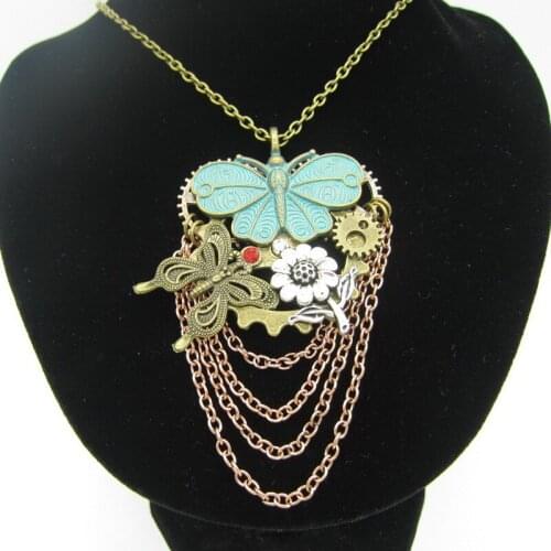 New Style DIY Butterflies Flower Gears and Chain Tessels Women`s Steampunk Pendant Necklace Fashion Jewelry