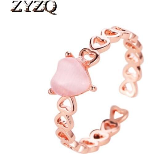 ZYZQ Simple Twist Hollow Out Open Rings With Lovely Heart Shaped Opal Stone Two Color Available Eternity Proposal Rings Jewelry