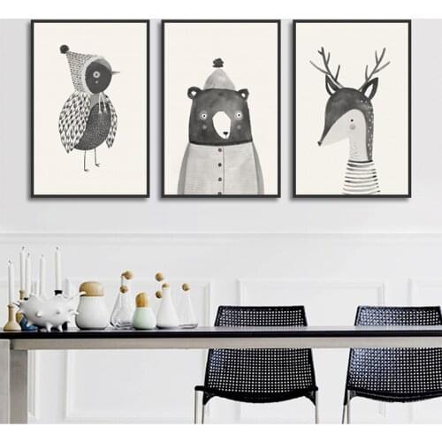 Gray Abstract Humanoid Cute Animals Nordic Wall Art Canvas Print Poster Cartoon Bird Bear And Elk Painting For Living Room Decor