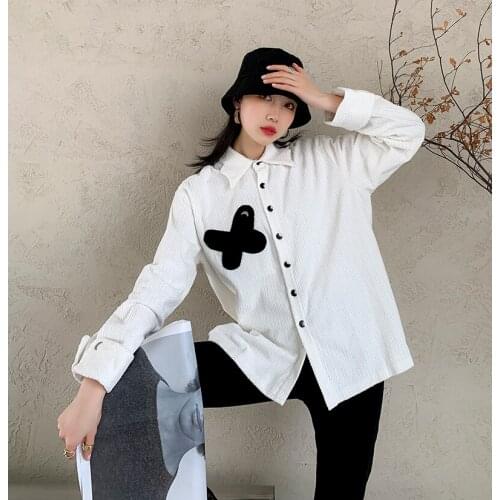 Contrasting White Butterfly Striped Velvet Loose Corduroy Shirt Jacket Fashion Women Top
