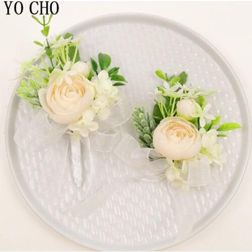 YO CHO Groom Boutonniere Man Suit Prom Pin Bride Wrist Bracelet Women Hand Flowers Wedding Flowers Party Dress Boutonniere Decor