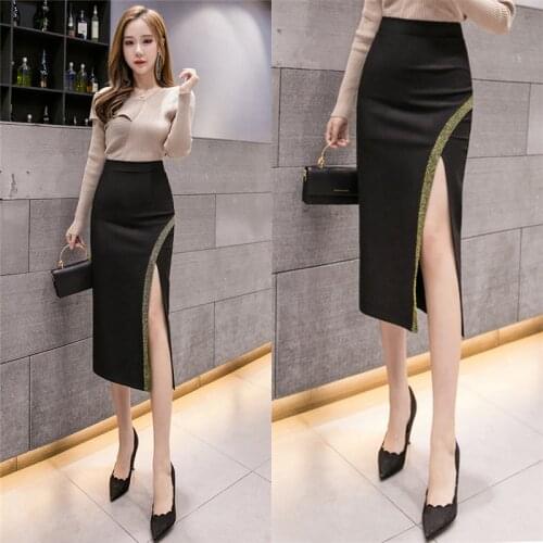 TingYiLi Long Pencil Skirts Womens High Waist Front Split Slim Bodycon Black Skirt Work Laides Sexy Skirt