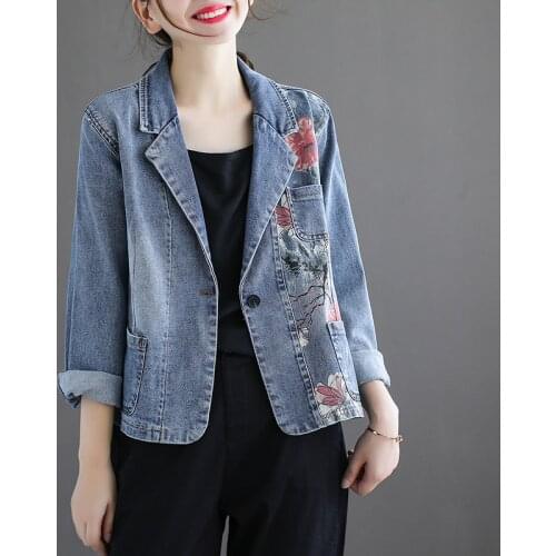 Johnature Women Print Patchwork Denim Jacket Tailored Collar Long Sleeve Loose Button Clothing 2021 Autumn Vintage Pocket Coats