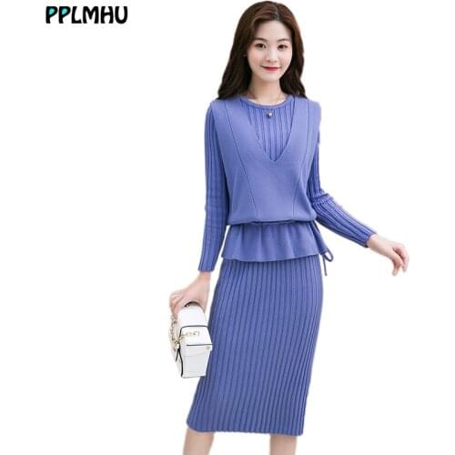 Office ladies knitted waistcoat two-piece dress suit women fashion slim long sleeve solid color dress and sleeveless knit vest