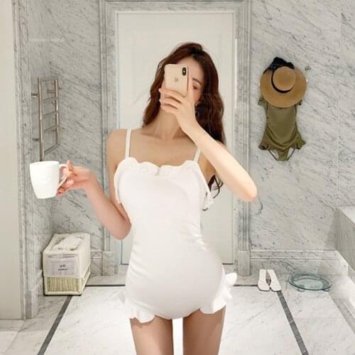 2019 New Koreans Women One Piece Swimsuit Ruffle Hem Cute Solid Adjustable Strap Sexy Tummy Control Swimwear Beach Bathing Suit