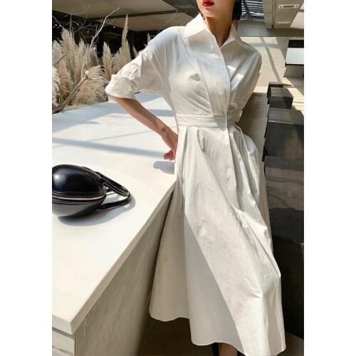 Women Dress Temperament White Dress Cotton Seven Sleeves High Waist Large Hem Summer Dresses Spring Autumn 2021