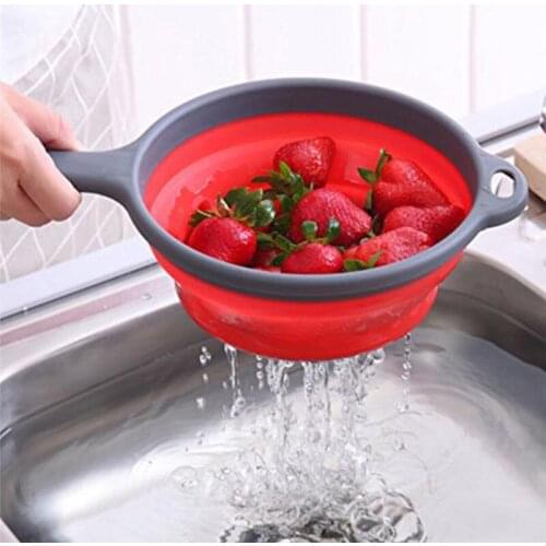 1PC Folding Silicone Plastic Colander Drain Basket Fruit Vegetable Washing Strainer Collapsible Drainer With Handle Kitchen Tool