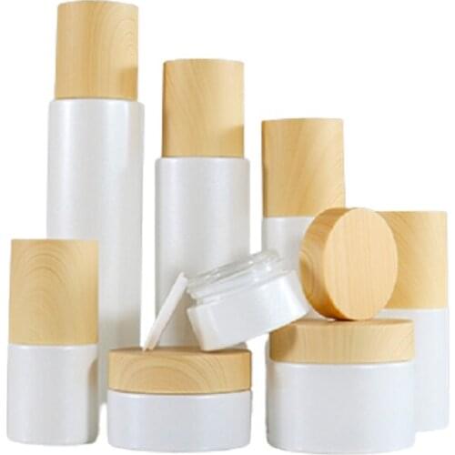 120ml 100ml 60ml 30ml 20ml Pearl White Glass Bottle Spray Lotion Pump Plastic Wood Grain Cover 50G 30G 20G Empty Cream Jar 8Pcs