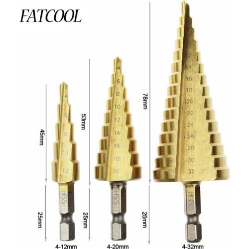 3pcs Hss Step Cone Taper Drill Bit Set Hole Cutter Metric 4-12/20/32mm 1/4" wood core drill Titanium Coated Metal Hex Bits