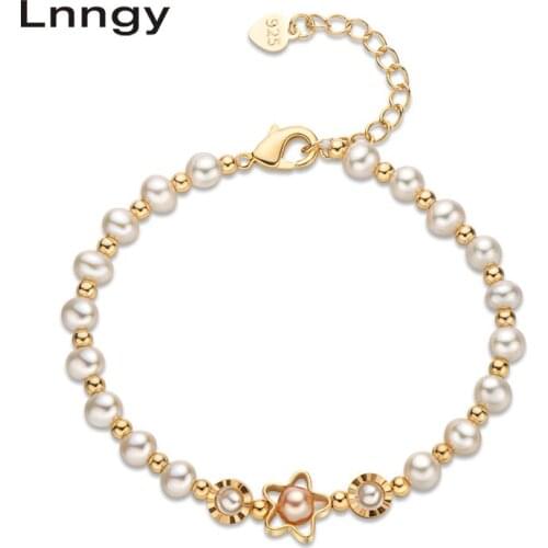 Lnngy 14K Gold Filled 5-6mm Natural Cultured Freshwater Pearl Stars Charm Bracelet Women Jewelry Gifts