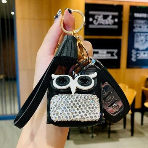 Diamond Inlaid Small Bag Keychain Owl White Pink Black Blue Creative Wallet Accessory Keyring Soft Lanyard Girl Boy Lover Gift
