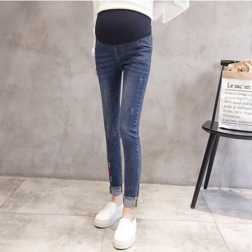 Digital embroidered maternity pants maternity clothes casual feet stomach lift pants stretch stomach lift denim pants
