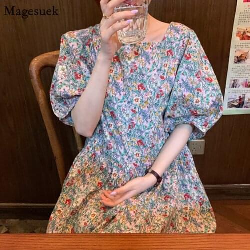 Korean Style Vintage Puff Sleeve Floral Dresses Female 2021 Casual Loose Print Dress Party Square Collar Long Dress Robes 14557