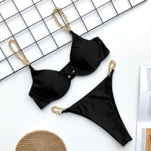 Bikini Set Solid Color Chain Clause Multi-Size Popular Split Swimwear 2 Pcs With Chest Pad Without Steel Support Women