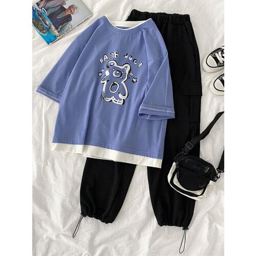 Two Piece Set Outfit Women summer short Sleeve cartoon Tops & Pant Comfort Lounge Wear casual loose t-shirts + cargo pants sets