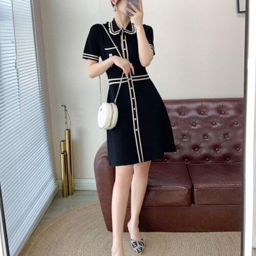 Autumn Short Sleeve Lines Color Block Little Black Dress Short Knitted One Piece Ruched Hem Robe Vestido Good Quanlity