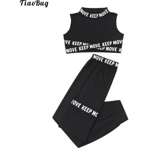 TiaoBug Summer 2Pcs Kid Girls Letters Printed Sport Suit Round Neck Sleeveless Crop Tops And Leggings Set For Yoga Running Dance